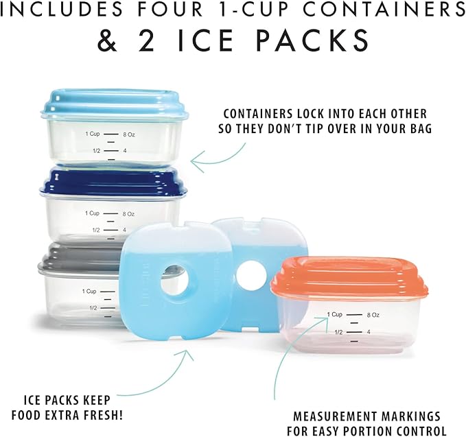 Fit & Fresh Small Plastic Containers With Lids 8 oz, Small Snack Containers With Lids, Reusable Leakproof Dressing and Condiment Containers With Two Attachable Ice Packs, 4PK, Light