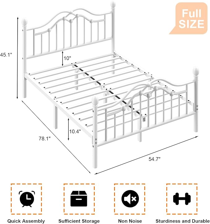 Full Metal Platform Bed Frame, Bed Frame with Victorian Headboard and Footboard, Strong Metal Slats Support, Mattress Foundation No Box Spring Needed, Easy Assembly, Noise Free, White