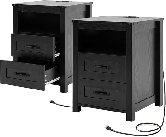 Farmhouse Nightstand Set of 2 with Charging Station & Drawers, Black Wood Bedside Table, End Table with 2 Storage Drawers & USB Ports for Bedroom, Dorm, Black
