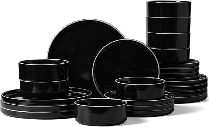 Famiware Nebula Plates and Bowls Set, 24 Pieces Dinnerware Sets, Dishes Set for 8, Black with White Rim