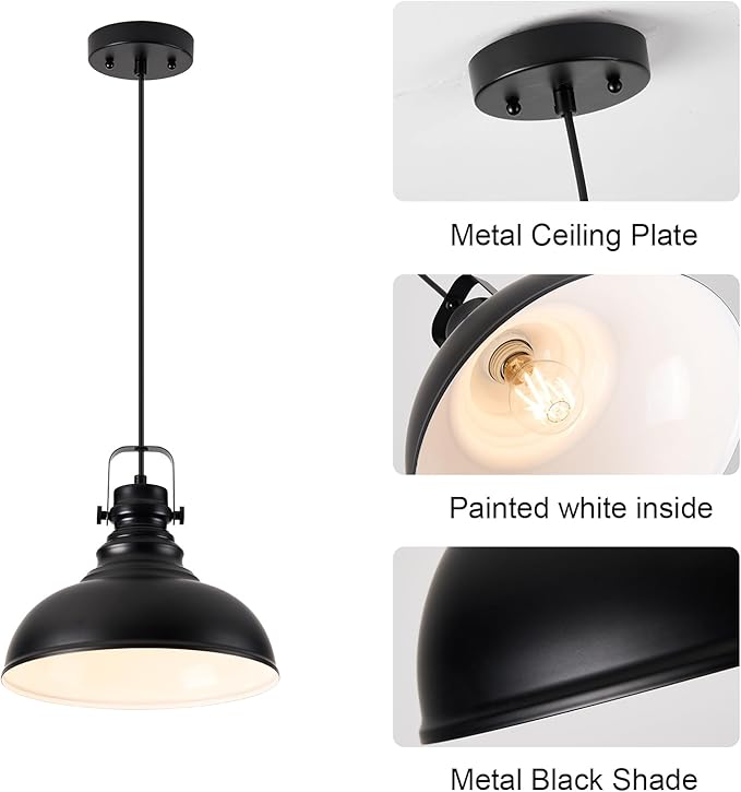 Industrial Pendant Light Fixture, Farmhouse Decor Adjustable Metal Hanging Lamp, Vintage Pendant Lighting for Kitchen Restaurant Dining Room Cafe, E26 Base Black (Black, 1 Pack)