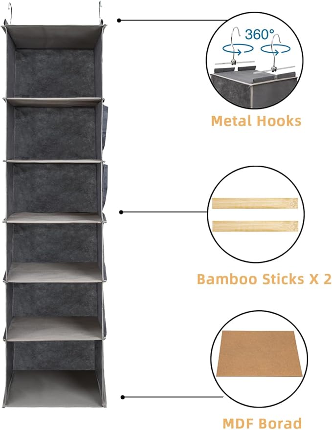 2 Packs Hanging Closet Organizer, 6-Shelf Closet Organizers and Storage with Side Pockets, Collapsible Hanging Shelves for Closet & RV & College Dorm,Grey
