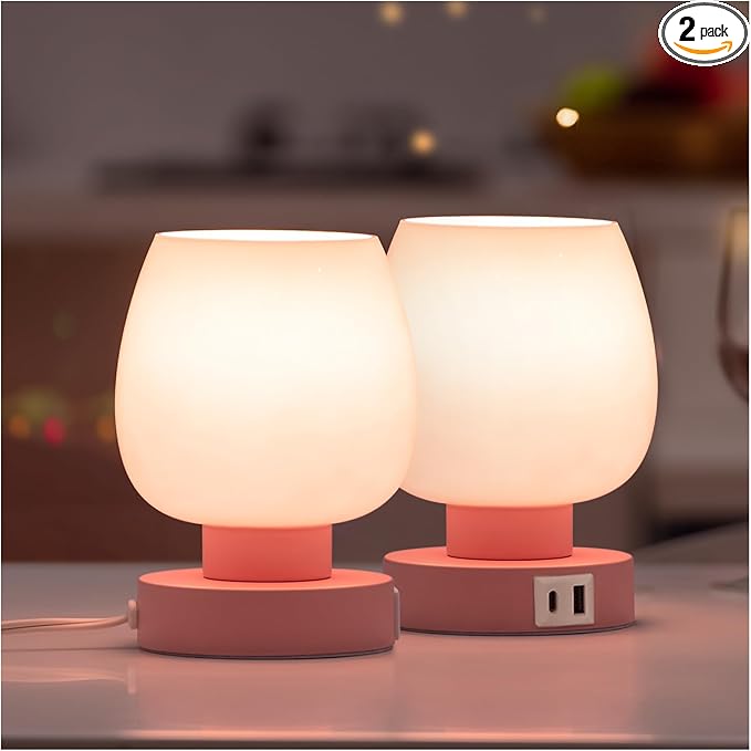 ONEWISH Pink Touch Table Lamp with USB Charging - 3 Way Dimmable Small Lamp for Bedroom, Warm LED Bulb Included, 2 Packs