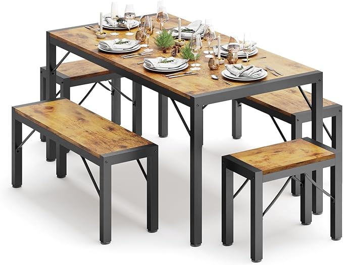 Gizoon 63" Dining Room Table Set for 6, Kitchen Table with 2 Benches and 2 Stools, Dining Table Set with Metal Frame, Space-Saving Kitchen Table Set for Apartment, Retro