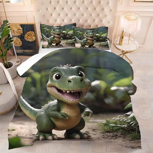3D Dinosaur Bedding Set Queen Size for Boys, Cute Kids Dinosaur Comforter Set, Dino Bedding Toddler Bed Set with 1 Comforter and 2 Pillowcases, Green