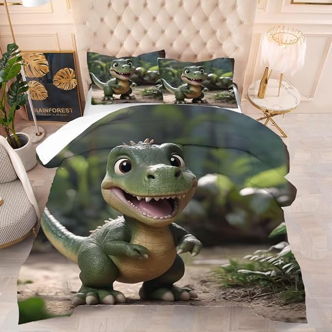 Cute Dinosaur Comforter Set Twin for Kids, Green Dinosaur Bedding Set for Boys Room Decor, Dino Bed Set with 1 Comforter Set and 1 Pillowcase