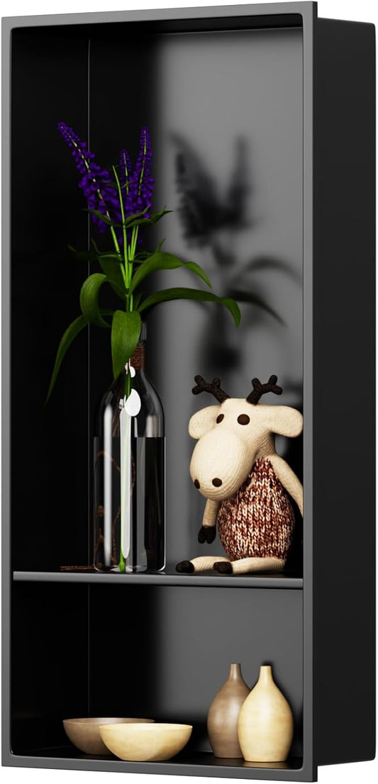 12" X 25" Stainless Steel Shower Niche Insert Tile Ready, Niche for Shower Wall, 2-Tier Recessed Shelves No Tile Needed for Bathroom Storage, Matte Black