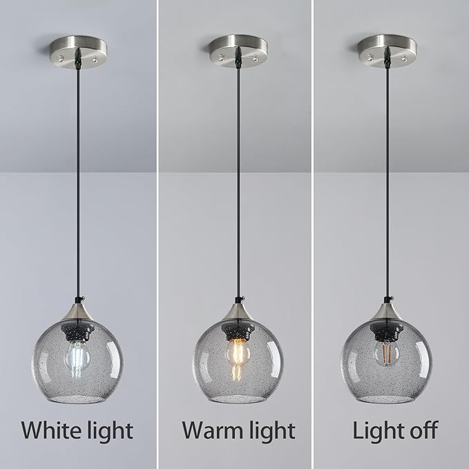 Light Grey Glass Pendant Lights Kitchen Island Globe Pendant Light Fixtures Modern Pendant Lighting for Bedroom Living Dining Room Light Fixture (5.9 in, 1 Pack)