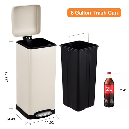 30 Liter/8 Gallon Kitchen Trash Can, Fingerprint-Proof Stainless Steel Garbage Can with Soft Close Lid, Foot Pedal, Removable Inner Bucket for Home, Office, Bedroom, Bathroom, Beige