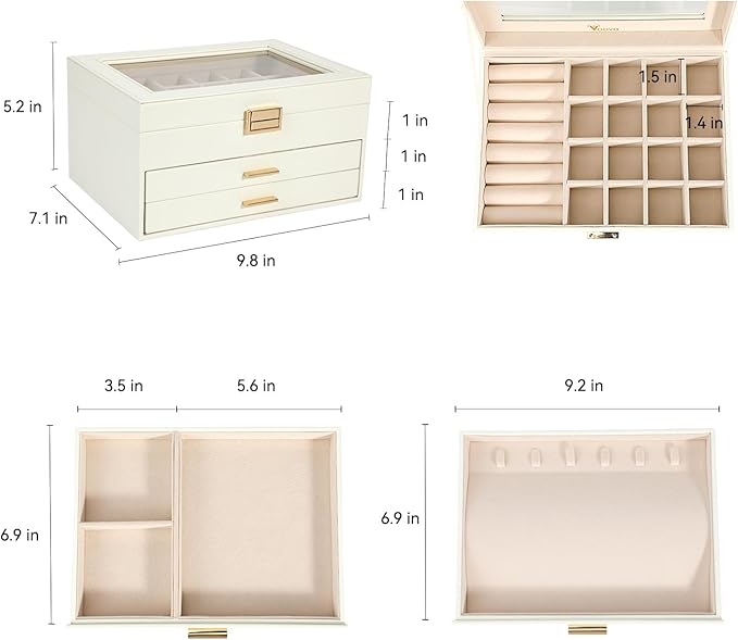 Voova Jewelry Box Organizer for Women Girls, 3 Layer PU Leather Jewelry Storage Case with Glass Lid & 2 Drawers, Large Jewellery Display Holder for Necklaces Rings Earrings Bracelets, White