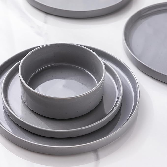 GBHOME Dinnerware Set for 6, 18 Piece Speckled Plates and Bowls Set with Glazed Bottom, Chip & Scratch Resistant Stoneware Plates Sets, Dishwasher & Microwave Safe Dishes, Limestone