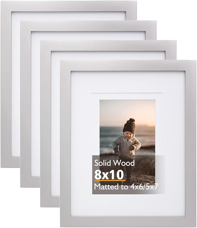 KINLINK 8x10 Picture Frame Light Grey, Solid Wood Frames with Acrylic Plexiglass for Pictures 4x6/5x7 with Mat or 8x10 without Mat,Tabletop and Wall Display Photo Frame, Set of 4