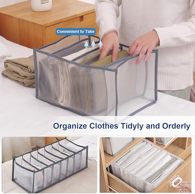 KesaPlan 3Pcs Wardrobe Clothes Organizer, 7/7/9 Grids Visible Foldable Closet Organizers, Compartment Storage Box with Mesh Separation, Washable Drawer Dividers Organizers (Pants+T-Shirt+Legging)