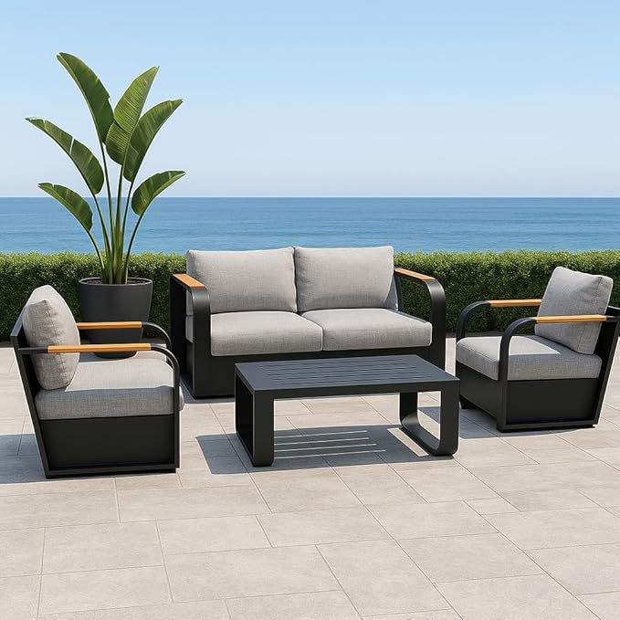 EAST OAK 4-Piece Patio Furniture Set, Modern Outdoor Conversation Set with Aluminum Frame, Deep Seating Loveseat & Coffee Table, All-Weather Patio Sofa Set for Porch, Balcony, Backyard - Dark Grey