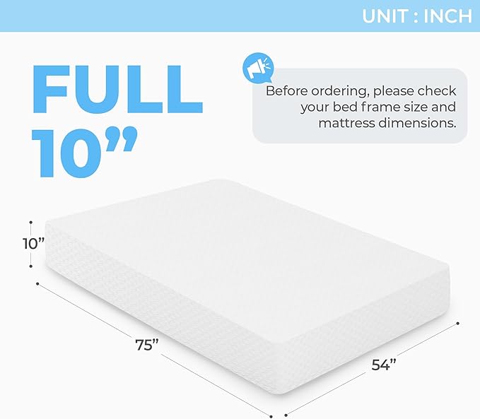 Neo Sleep 10 Inch Full Cooling Gel Memory Foam Medium Firm Mattress Cool Sleep Pressure Relief CertiPUR-US Certified Foam, Mattress-in-a-Box Kids and Adults No Fiberglass (Full, 10 in)