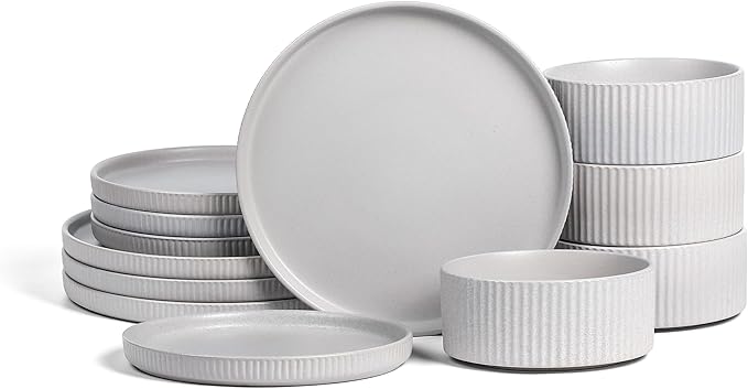 Stone Lain Haven Stoneware 12-Piece Dinnerware Set, Grey - Plates and Bowls Sets for 4, Elegant Dish Set, Includes Dinner Plates, Salad Plates Cereal Bowls, Microwave & Dishwasher Safe