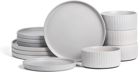 Stone Lain Haven Stoneware 12-Piece Dinnerware Set, Grey - Plates and Bowls Sets for 4, Elegant Dish Set, Includes Dinner Plates, Salad Plates Cereal Bowls, Microwave & Dishwasher Safe