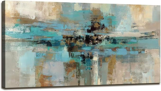 DZL Art A74762 Canvas Prints Abstract Wall Art Print Paintings Blue and Brown Stretched Canvas Wooden Framed for living Room Bedroom and Office Home Decor Artwork