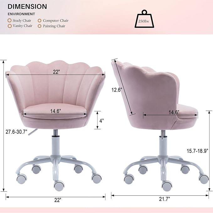 Pink Kids Desk Chair, Cute Velvet Adjustable Children Desk Chair Rolling Study Armchair Upholstered Computer Chair Shell Back 360° Swivel Vanity Chair for Teen Boys Girls Bedroom Study