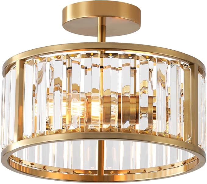 Brass Gold Flush Mount Ceiling Light, 2- Light Caged Crystal Chandelier, Small Drum Hallway Light fixtures Ceiling Mount (Brass Gold)