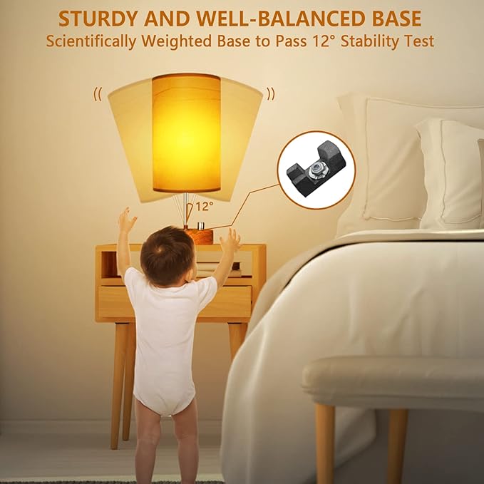 HiBay 17.75" H Dimmable LED Bedside Table Lamps Set of 2 with USB Charging Ports & AC Outlet, Modern Wood-Grain Nightstand Lights for Bedroom, Office, Living Room, Kids Room, E26 Bulb Included