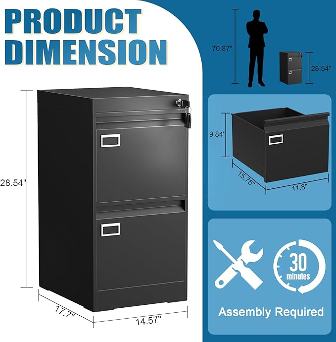 2 Drawer File Cabinet with Lock, Metal Small File Cabinet, Black Filing Cabinets for Home Office, Vertical File Cabinets Locked for A4/F4/Letter/Legal, Easy Assemble