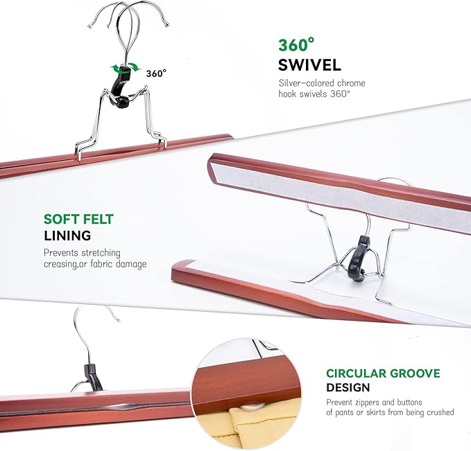 Nature Smile Wooden Pants Skirt Hangers, Smooth Finish Solid Wood Non Slip Jeans Slack Clamp Hangers Hair Extension Hangers (10 Pack Cherry)…