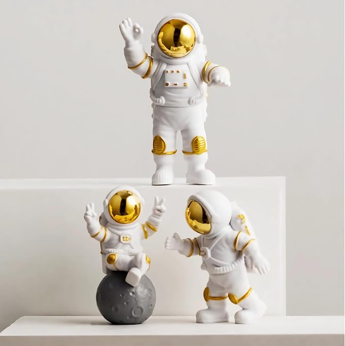 Gold White Astronaut Statues Set of 3, Outer Space Sculpture Figurines for Home Decor Cake Toppers