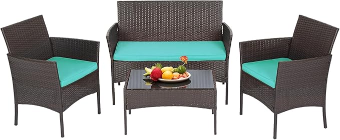 FDW Patio Furniture Set PE Rattan Patio Set Wicker Outdoor Furniture Bistro Set for Outdoor Indoor Use with Loveseats Coffee Table, Blue Cushions, 4 Pieces