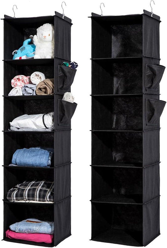 2 Packs Hanging Closet Organizer, 6-Shelf Closet Organizers and Storage with Side Pockets, Collapsible Hanging Shelves for Closet & RV & College Dorm,Black