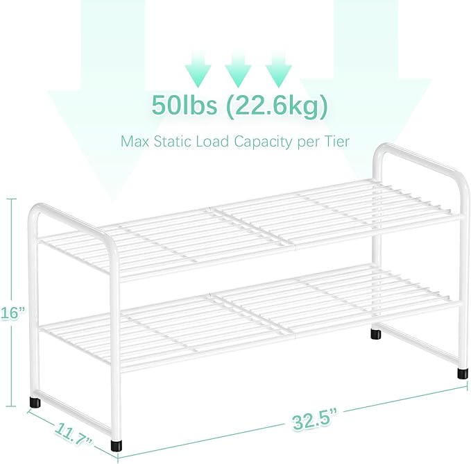 SUFAUY 2-Tier 33" Wide Shoe Rack, Closet Metal Shoe Rack Organizer Heavy Duty, Stackable, White