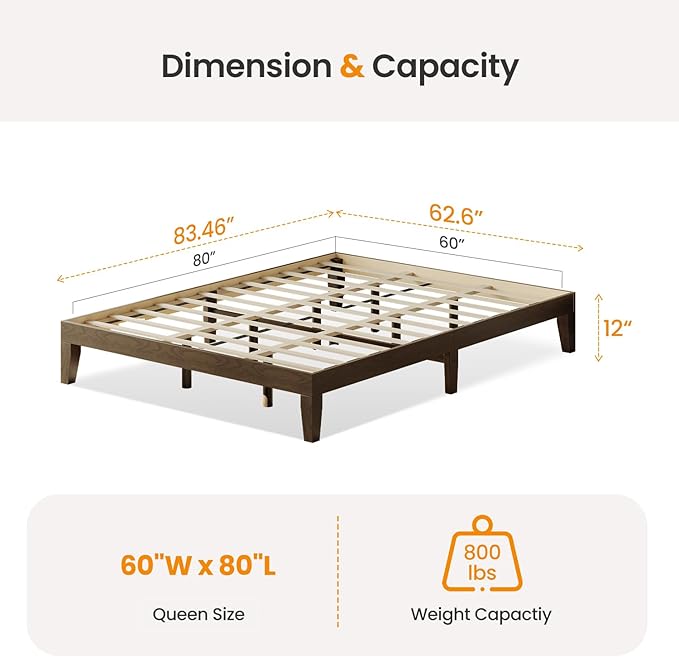 Queen Size Wood Platform Bed Frame, 12 Inch Solid Wood Bed Frame with Wooden Slats, No Box Spring Needed, Easy Assembly,Espresso