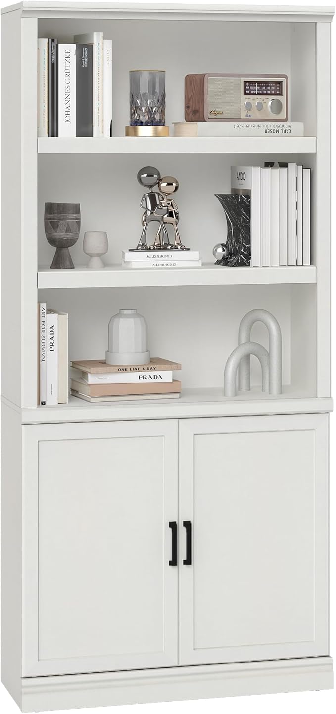 blini 5 Shelf Tall Bookcase with Doors White Bookshelf 31in Wide Display Standing Storage Shelf 72in Tall Wood Book Shelves for Bedroom Living Room Office Library