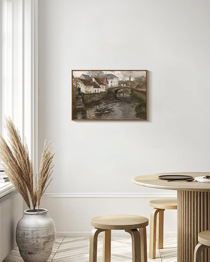 InSimSea Framed Canvas Wall Art Vintage Decor, Riverside Small Town Large Canvas Prints Home Decor, Rustic Farmhouse Hanging Wall Decor for Bedroom Living Room, 20"x30"