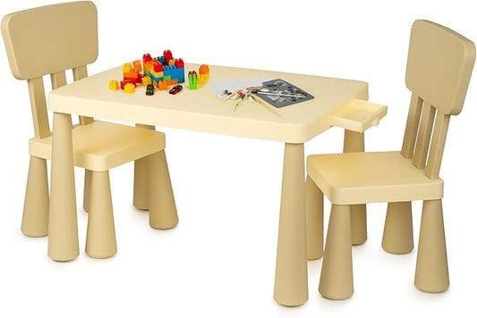 Toddler Table and Chair Set with Storage Drawer, Height-Adjustable Kids Desk and Chair Set for Ages 2-8, Easy-Clean Children’s Table and Chairs with Sturdy Legs & Round Corners