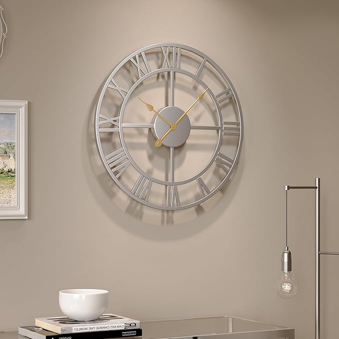 16 inch Wall Clock Silver, Modern Decorative Metal Clock Silent Non Ticking, Battery-Operated Round Clock Roman Numeral Analog for Living Room, Kitchen, Bedroom, Office, Home Decor