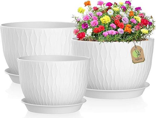 12/10/9 Inch Plant Pots, 3 Pack Large Flower Pots for Indoor and Outdoor Plants with Water Ripples, Large Plastic Flower Pots with Drainage Holes and Tray for Garden Indoor Plants,White