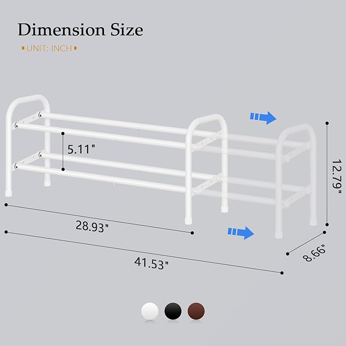 Shoe Rack 2 Tier,41.53'' Adjustable Metal Shoe Organizer for Closet, Bedroom, Entryway,Holds Up to 12 Pairs Shoes,Expandable,White