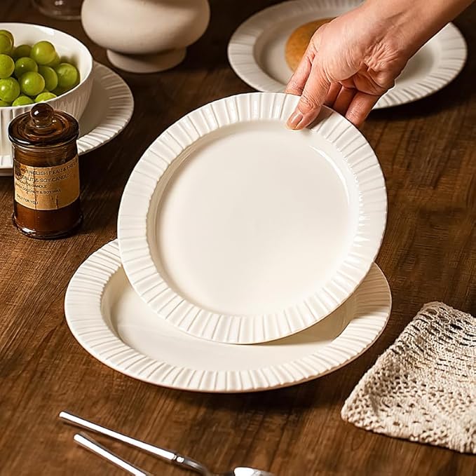 MDZF SWEET HOME 12-Piece White Ceramic Dinnerware Set - Rhine Series, Service for 4, Includes Bowls, Flat & Deep Plates, Microwave & Dishwasher Safe