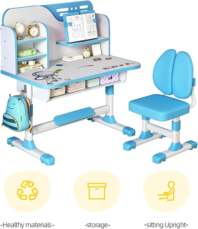 Kids Desk and Chair Set, Height Adjustable Child's School Study Writing Tables, Kids Desk with Bookstand and Storage Drawer, Widened Desktop with Desktop for Boys and Girls Blue