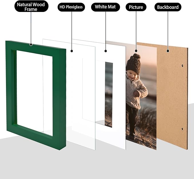 KINLINK 6x8 Picture Frame Green, Solid Wood Frames with Acrylic Plexiglass for Pictures 4x6 with Mat or 6x8 without Mat, Tabletop and Wall Display Photo Frame, Set of 4
