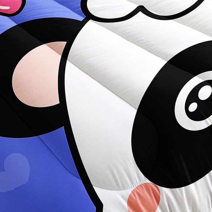 Panda Comforter Bedding Set for Boys Girls Kids Teens, Cartoon Blue Heart Kawaii Animal Theme With 1 Comforter and 2 Pillowcases (Full)
