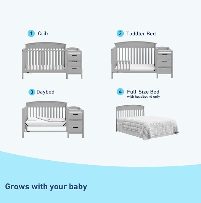 Graco Benton 4-in-1 Convertible Crib and Changer (Pebble Gray) – GREENGUARD Gold Certified, Crib and Changing -Table Combo, Water-Resistant Changing Pad, Converts to Toddler Bed, Daybed
