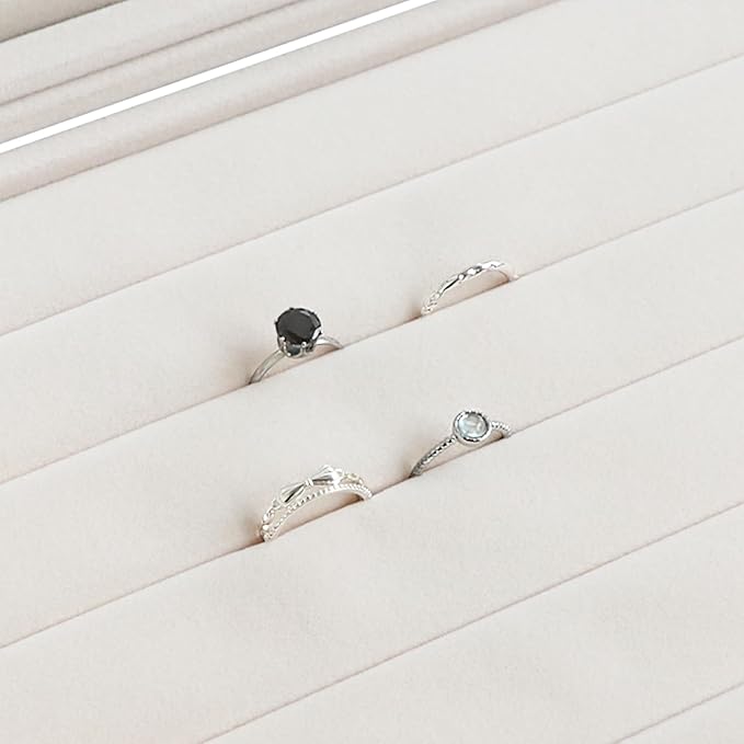 Wudygirl Ring Display with Clear Lid Organizer and Showcase Rings Box with 7 Slots Jewelry Tray for Drawer Velvet Rings Holder Accessories Storage (Beige Velvet)