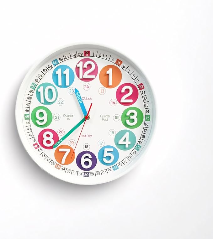 Learning Time Clock for Kids,12 Inch 3D Numbers Colorful Face Silent Clocks，Bedroom,Kitchen,Classroom,Décor at School, Clear Digital Wall Clock for Kids Room (3D White Classic)