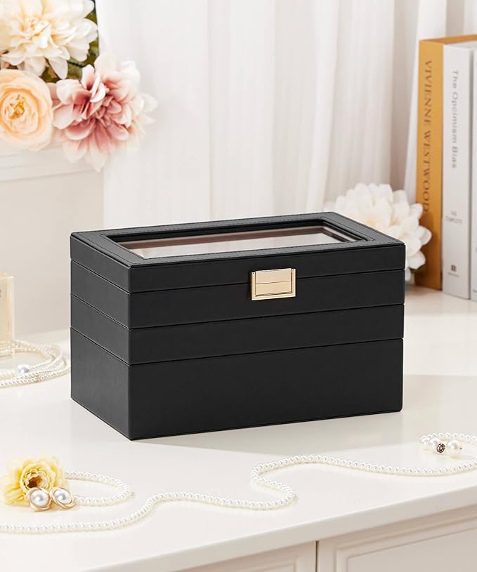 Homde Jewelry Tray Stackable Jewelry Box with Glass Lid, Removable Dividers for Vanity Table Gift Idea for Girls and Women (Black)