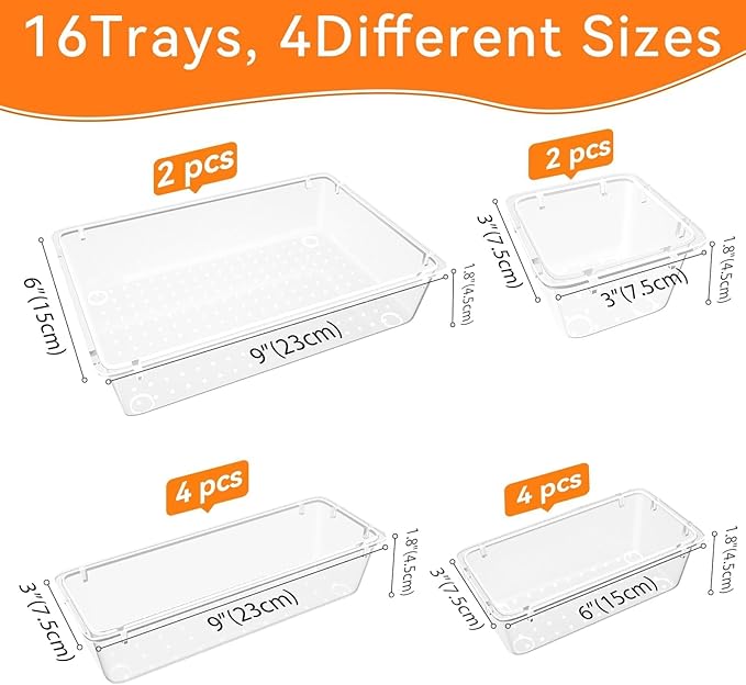 WOWBOX 16 PCS Clear Plastic Drawer Organizer Set, 4 Sizes Desk Drawer Organization and Storage Containers for Makeup, Cosmetics, Jewelry and Gadgets in Kitchen, Bathroom, Bedroom, Office, Clear