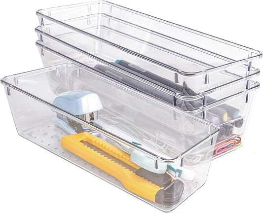 4 PCS Clear Plastic Drawer Organizer, Desk Drawer Divider Organizers and Storage Bins for Makeup, Jewelry, Gadgets for Kitchen, Bedroom, Bathroom, Office (9.0"x3.0"x2.2")