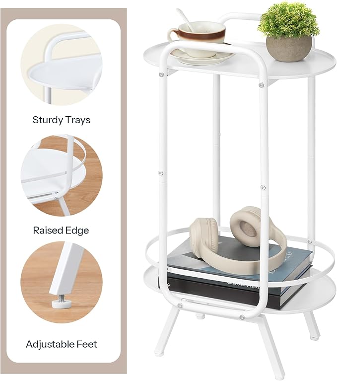 HOOBRO White Side Table, 2 Tier Oval End Table with Tray Storage, Small Cute Kids Nightstand for Living Room, Bedroom, Dorm WT184BZ01