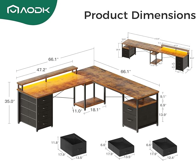 AODK 66" L Shaped Computer Desk, 113“ Reversible Home Office Desk with File Cabinet & 4 Fabric Drawers, Two Person Desk with LED Lights & Power Outlet, Corner Gaming Desk with Monitor Shelf, Vintage